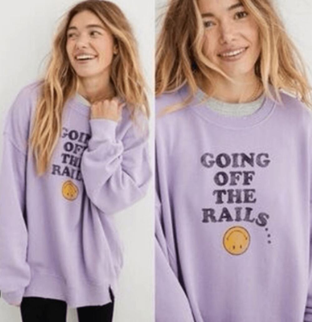 Aerie NWT XS Oversized Lavender Crewneck "Going off the Rails"